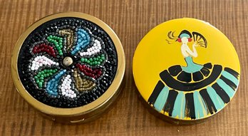 2 Vintage Powder & Rouge Compacts - Aklar Shades Or Orient Flamingo Dancer & Seed And Glass Bead Brass Compact