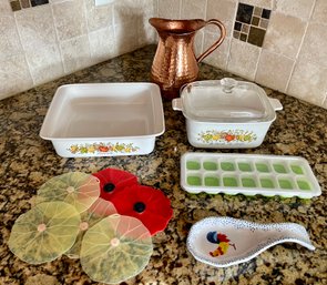 Kitchen Lot - Corningware L Echolote Baking Dish And Covered Casserole, Copper Pitcher, Spoon Rest, And More