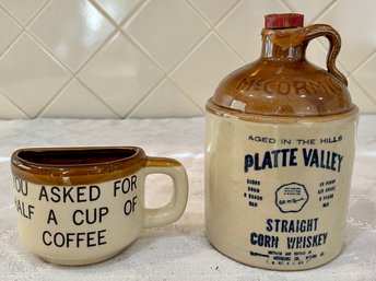 Platte Valley Straight Corn Whiskey Stoneware Liquor Jug Mccormick And Vintage Half Cup Of Coffee