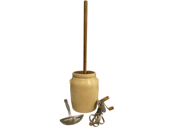 Antique Kitchen - Crock Butter Churn, Ekco Hand Mixer, And And Straining Ladle Westmath