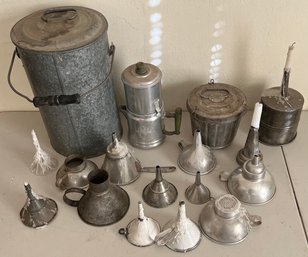 Assorting Vintage And Antique Tin And Enamel Funnels, Buckets, Coffee Pot, And More