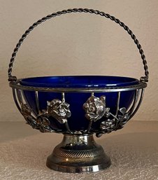 Vintage Silver Plate Rose Pattern Basket Dish With Cobalt Blue Insert
