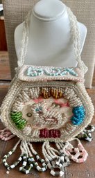 Stunning Antique Late 1800'S Native American Iroquois Glass Seed Bead Box Purse With Handles