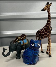 Made In Mexico Talavera Pottery Cat With Wooden Giraffe And A Cast Iron Elephant Coin Bank