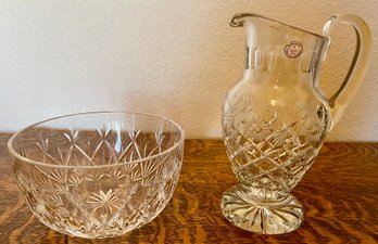 Made In Poland Hand Cut Lead Crystal Etched Flower Pitcher, Crystal Bowl