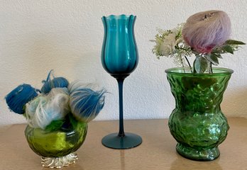 (3) Mid Century Modern Art Glass Vases With Flower Poms