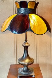 Antique Solid Brass Double Pull Lamp With Slag Glass Shade