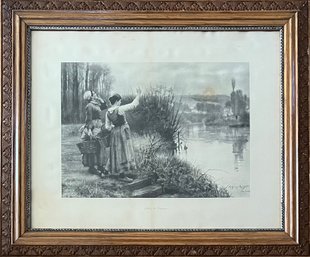 Antique Calling The Ferryman Ridgeway Knight Paris 1888 Print In Decorative Carved Wooden Frame