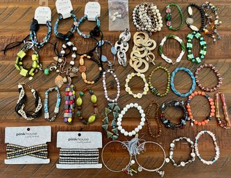 Large Lot Of Boho Bead - Metal And Stone Bracelets - Alex And Ani - Pink House - Monague And More