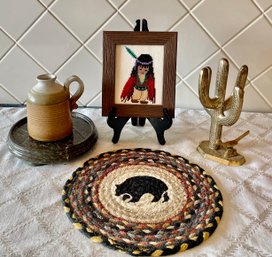 Southwestern Lot - Cross Stitch, Brass Cactus With Road Runner, Bear Hot Pad, Studio Pottery, Marble Base