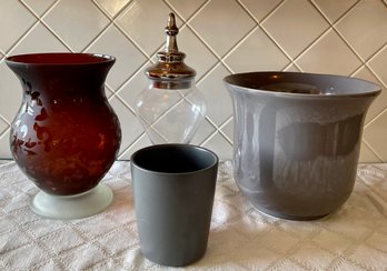 Vintage Pottery And Glassware Lot - New England Pottery, Covered Glass Candy Dish, And More