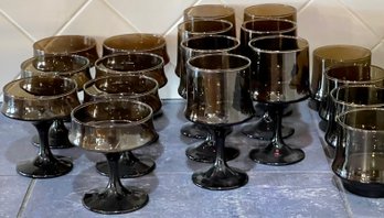 Lot Of Amber Grey Glass Libbey Drinkware - Low And High Ball, Cordials, Compotes, And Tumblers