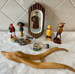 Vintage Hand Carved Wood Lot With San Pasqual Taos Pottery Plaque And Miniature Trowel