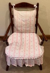 Vintage Wood Skirted Sewing Chair With Nail Head Trim, Pink And White Rose Upholstered Seat With Tag