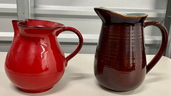 Red Wing Village Green MCM Pitcher And A Red And Black Mamma Ro Signed Pottery Pitcher