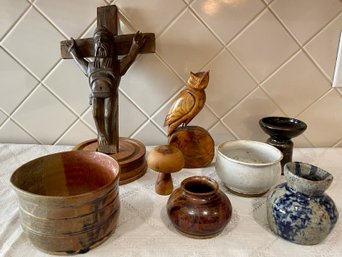 Carved Wood And Pottery Lot - Owl On Base, Carved Mushroom, Cross, And (5) Studio Pottery Bowls