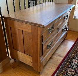 Antique Solid Oak 2 Drawer Low Boy On Wood Casters With Brass Pulls