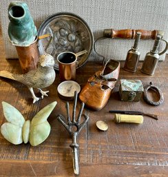 Antique Trinket Lot - Stone Butterfly - Copper Cups - Sewing Machine Oil - Bird Salt