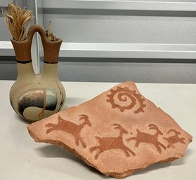 Signed Vintage Sand Stone Wedding Vase And A Antelope Etched Sand Stone With Sun
