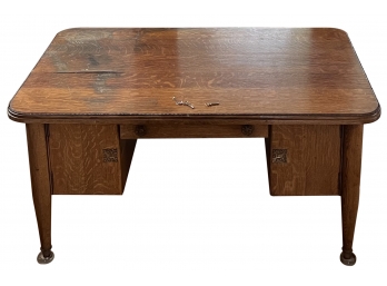 Antique Tiger Oak Double Sided Executive Desk With Original Inserts And Keys With Wood Bead Trim (as Is)