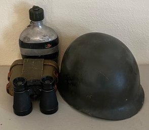 Pair Of WWII JES 4x10 Binoculars With Canvas Case, Metal Canteen, And Helmet