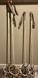 Antique Hand Made Ski Poles With Leather Handles