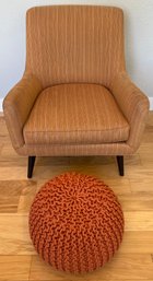 Room & Board MCM Style Orange Striped Arm Chair With Woven Beanbag Footrest