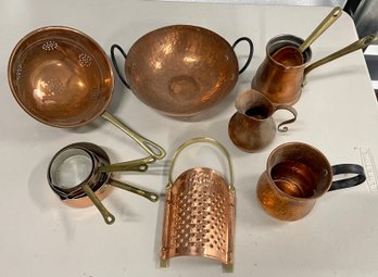 Vintage Collection Of Copper And Brass Mugs, Measuring Cups, Grater, Pots, Strainer, And More