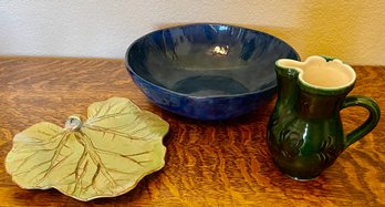 Studio Pottery - Gloria Leaf, Y Wood Bowl, And Antique Green Pitcher