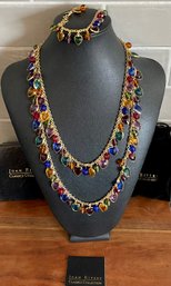 2 Joan Rivers Colorful Acrylic Bezel Heart Shape Charms Necklace Gold Tone Signed With Matching Bracelet