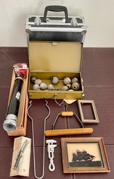 Eclectic Lot - Canning Tongs, Atoms Flashlight With Bulbs, Finials, Clothing Hanger, Box With Key, And More