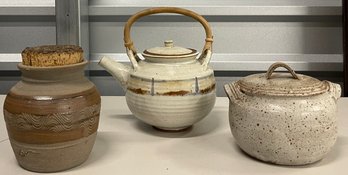 (3) Pieces Of Studio Pottery - Tea Pot, Lidded Casserole, Vase With Cork