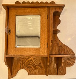 Small Vintage Wooden Wall Hanging Cabinet With Shelf Space And Beveled Mirror Door