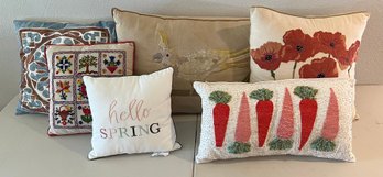 (6) Assorted Decorative Pillows - Floral, Spring, Carrots, And More