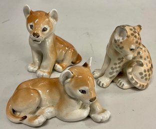 (3) Vintage USSR Lomonosov Porcelain Lion And Cheetah Figurines