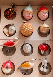 Box Of 12 Antique Mercury Glass And Glass Ornaments - Mushroom, Googly Eyes, Birds, And More (as Is)