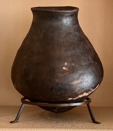 Large Clay Vessel With Cast Iron Stand