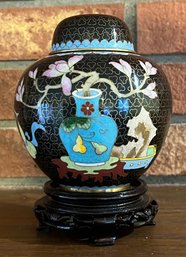 5.5' Floral Cloisonne Ginger Jar With Carved Wood Base Peoples Republic Of China