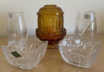 Fenton Amber Fairy Lamp With (2) Mikasa Bases And (2) Shannon Ireland Crystal Bowls