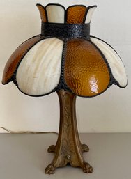 Antique Art Nuevo Brass Claw Foot Double Pull Lamp With Stained Glass Shade