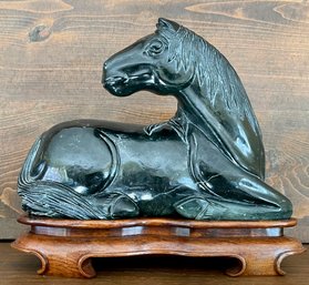 Vintage Hand Carved Obsidian 10' Horse Sculpture On Wood Base