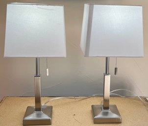 (2) Vintage Brushed Nickle Modern Lamps With Square Shades
