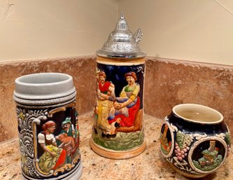 (3) Vintage Made In Germany Steins - Metal Top Rm 3383 .5 Liter, Metal Top