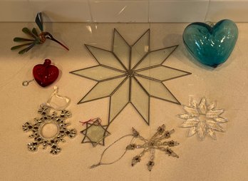 Glass And Plastic Colorful Ornaments - Hearts, Humming Bird, & Stars