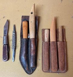 Vintage Leather Cutting Knives With (2) Pocket Knives - (1) Barlow