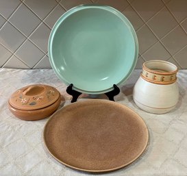 Southwest Pottery Lot - Taos Treasure Craft USA Vase, Pottery Tortilla Dish, (2) Serving Plates Vernon Kilns
