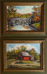 Pair Of Original Signed Framed Autumn Oil Paintings -  Lucille Wallem Barn Near Utica & Bridge