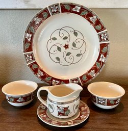 Pfaltzgraff Mission Flower Serving Pieces - Large Platter - (2) Side Bowls - Gravy Pitcher With Underplate