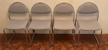 (4) Vintage Chrome Base Grey Material Chairs Made In Italy