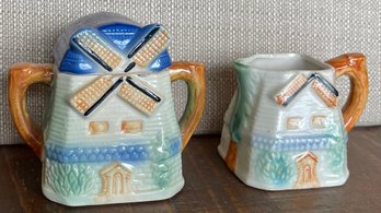 Vintage Mid Century Estes Park Souvenir Creamer And Sugar Windmill With Lid Japan